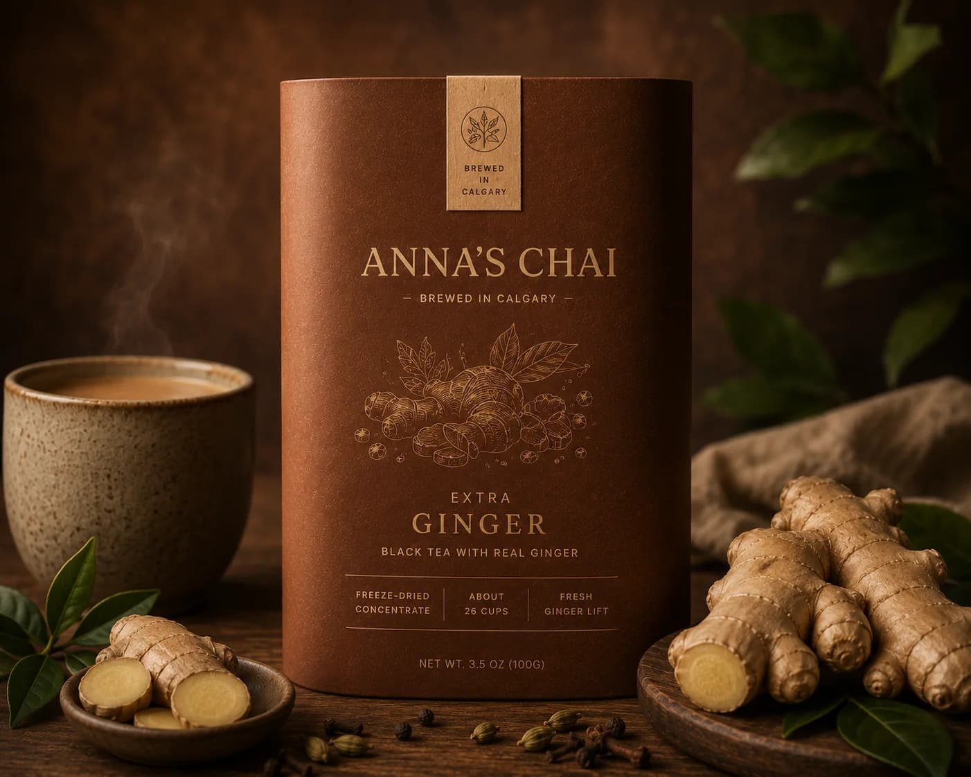 Anna's Extra Ginger package with fresh ginger and a cup of chai