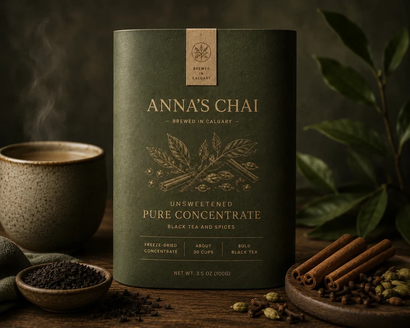 Anna's Unsweetened Pure Concentrate package beside black tea, spices, and chai